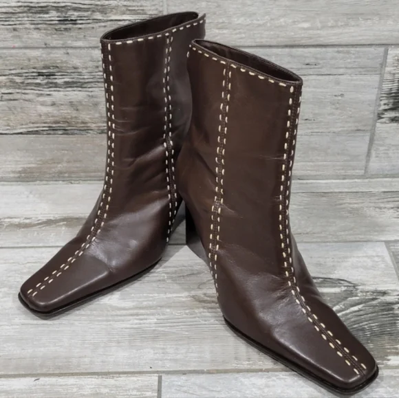 Retro (90's) Diba "Elko" Square-Toe Top-Stitch Wedge Heel Boots - Picture 3 of 15